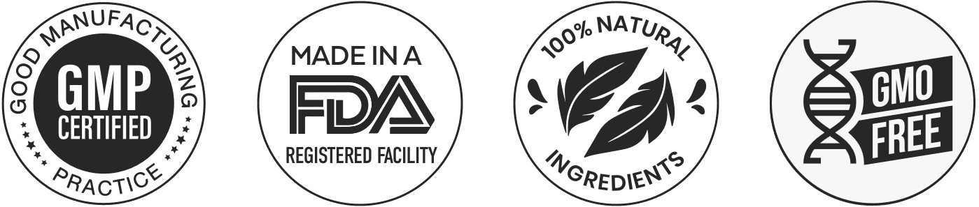 GMP certified, FDA registered facility, 100% natural ingredients, and GMO free certifications